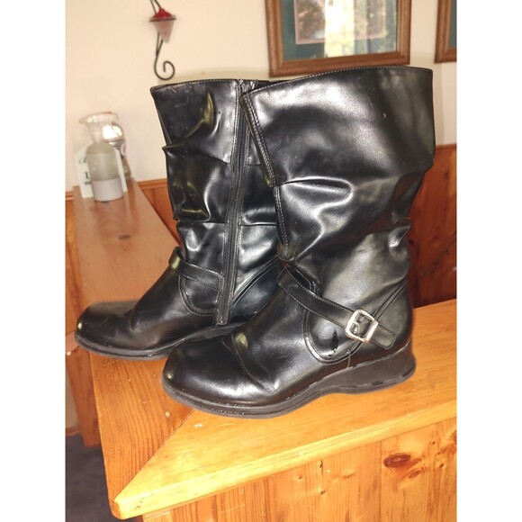 Women's Mid Rise Black Boots Size 6 Slip On Side Zipper Buckle GOOD COND Wedge - Picture 3 of 7